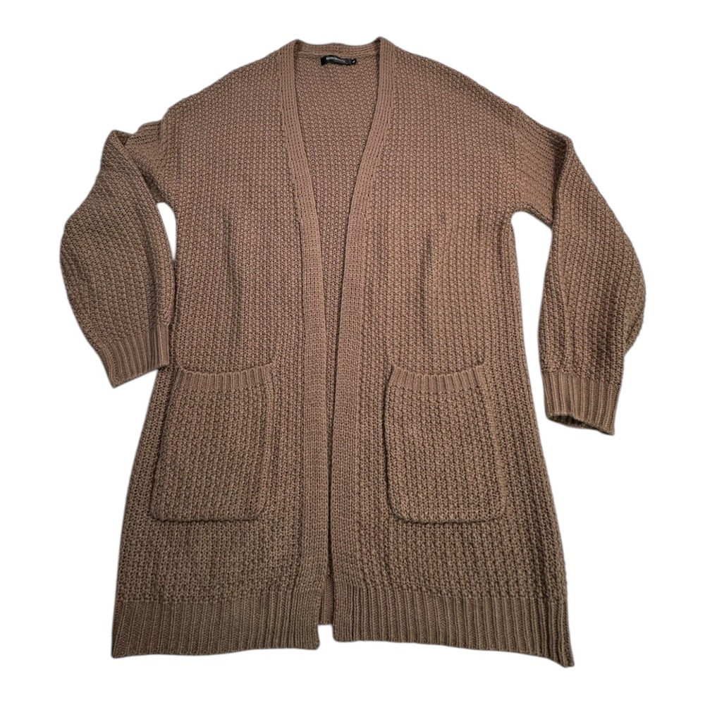 MEROKEETY‎ Longline Chunky Knit Open Front Cardigan Sweater Taupe Size S